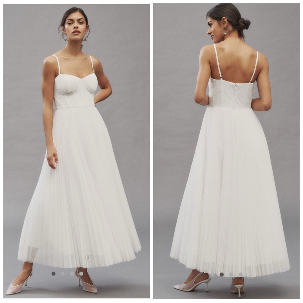 Anthropologie Hutch Amara Corset Pleated Tulle Fit & Flare‎ Midi Dress White 10
